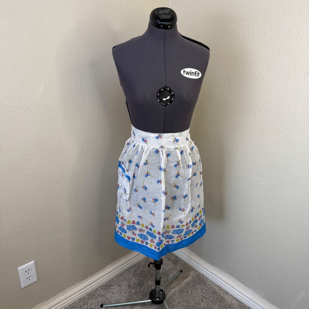Vintage Angel Novelty Print Half Apron White‎ Blue Sheer Retro Kitchen Pocket